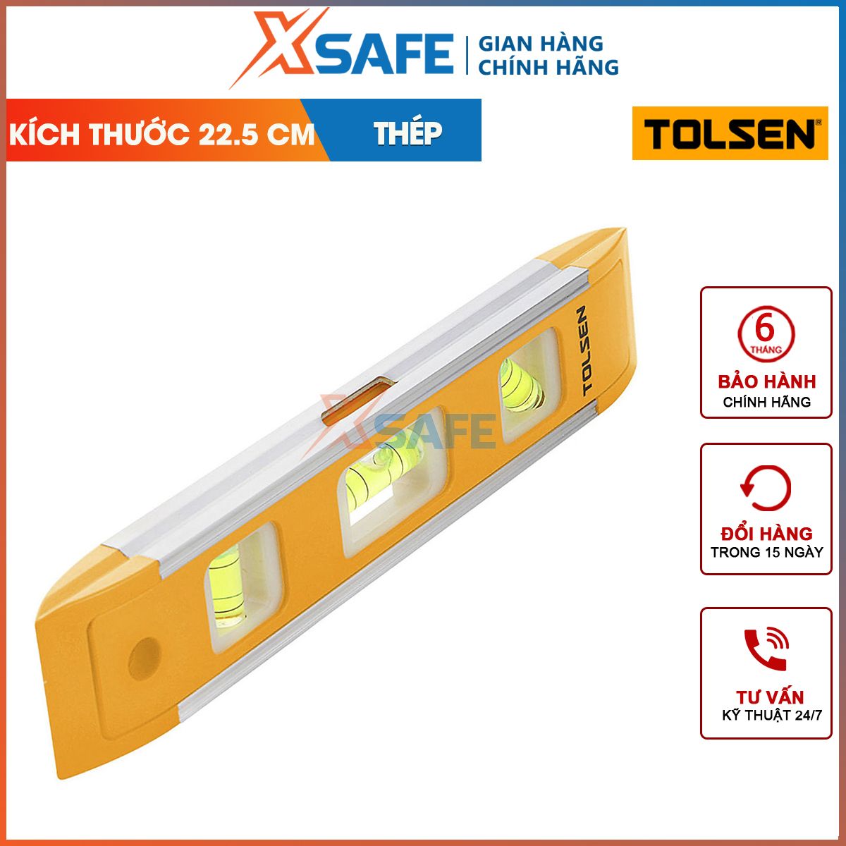 Thước thủy mini Tolsen 35059 kích thước 225mm, chất liệu nhôm, 3 mực nước cân bằng, nhỏ gọn - chính hãng - xsafe