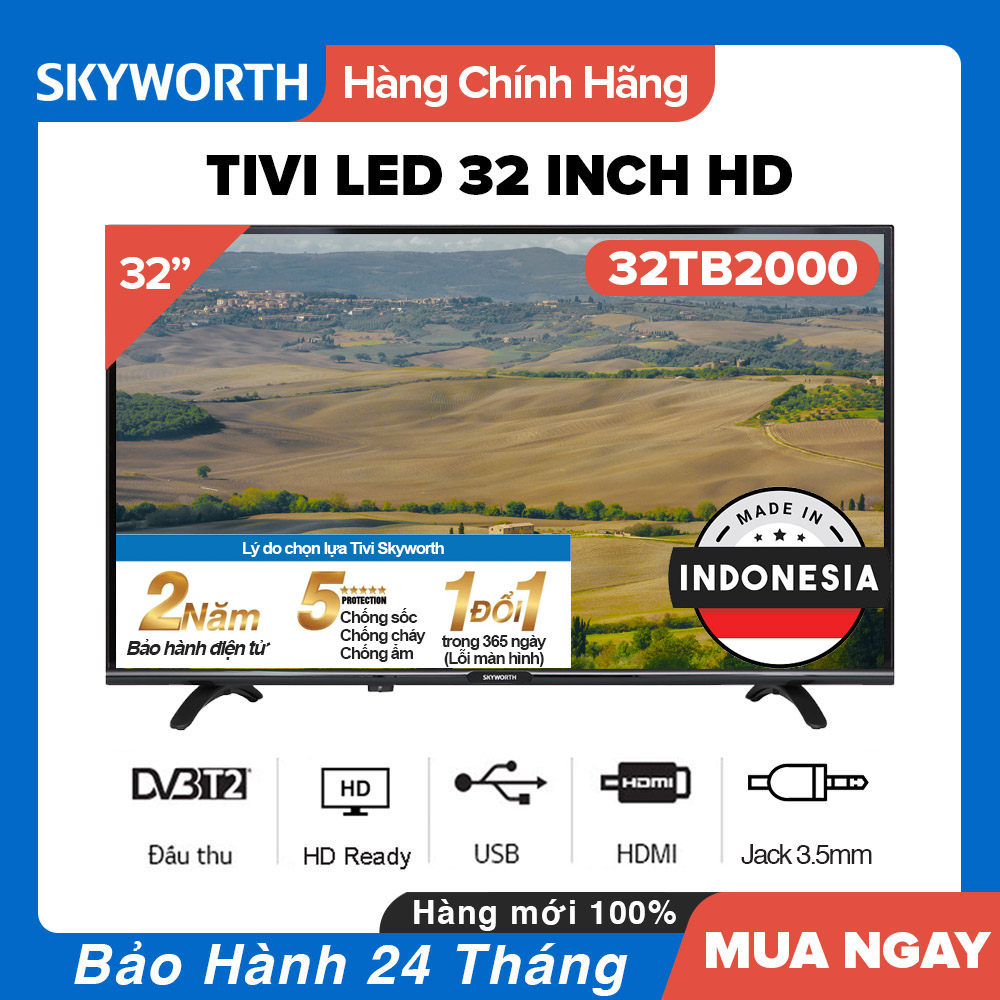 Tivi led skyworth 32 inch hd - model 32tb2000 dvb-t2, dolby digital, brilliantly clear enhancer, ⅰ vivi color, tivi giá rẻ chất lượng - hàng chính hãng