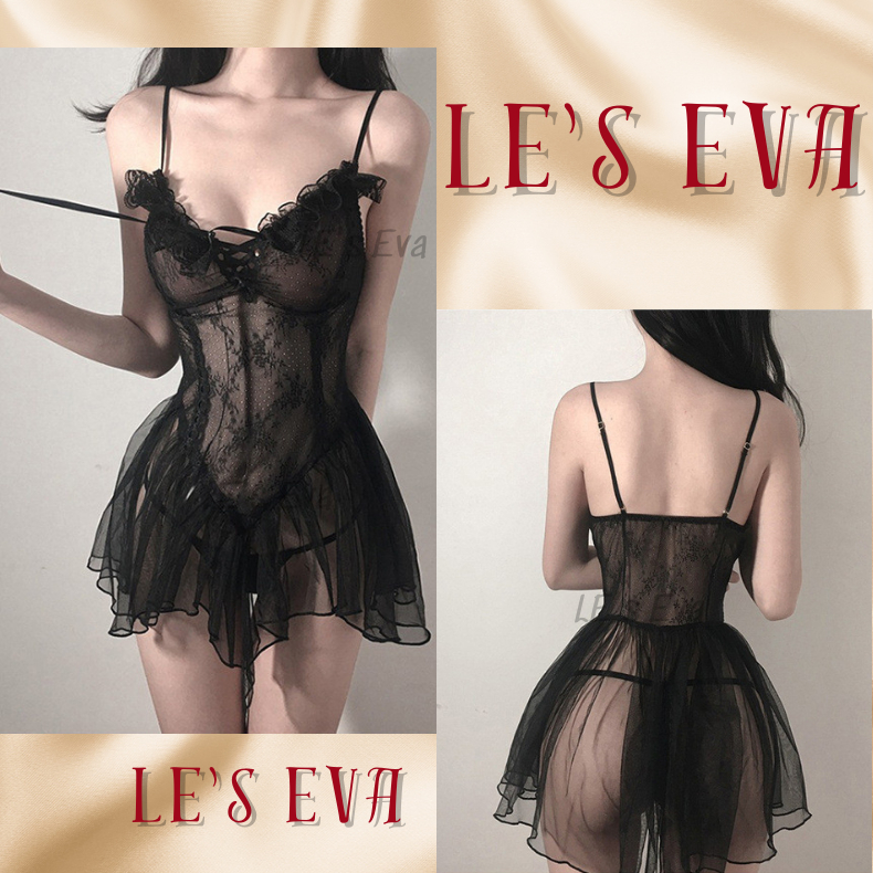 Đầm ngủ sexy, váy ngủ 2 dây ren xuyên thấu hở lưng trần tôn dáng gợi cảm tặng quần lót lọt khe 1773 - LESEVA STORE