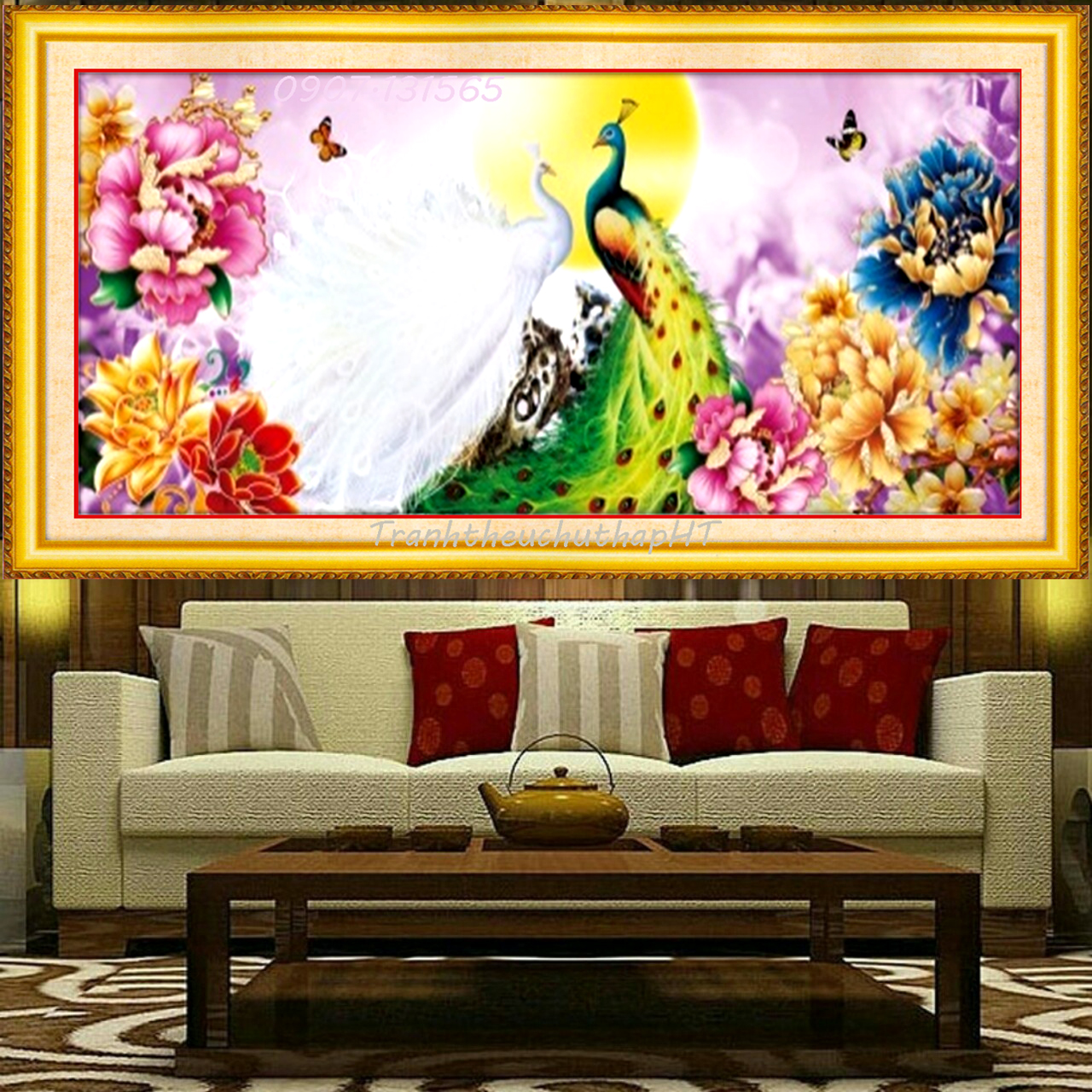 [HCM]Tranh thêu chữ thập Uyên ương thưởng nguyệt 100*47cm - Tự thêu