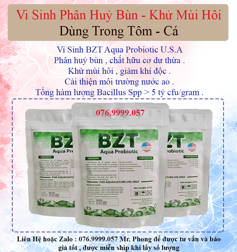 Vi sinh phân hủy bùn , khử mùi hôi dùng cho tôm cá , có giấy kiểm định hàm lượng vi sinh # vi sinh bzt 227gram