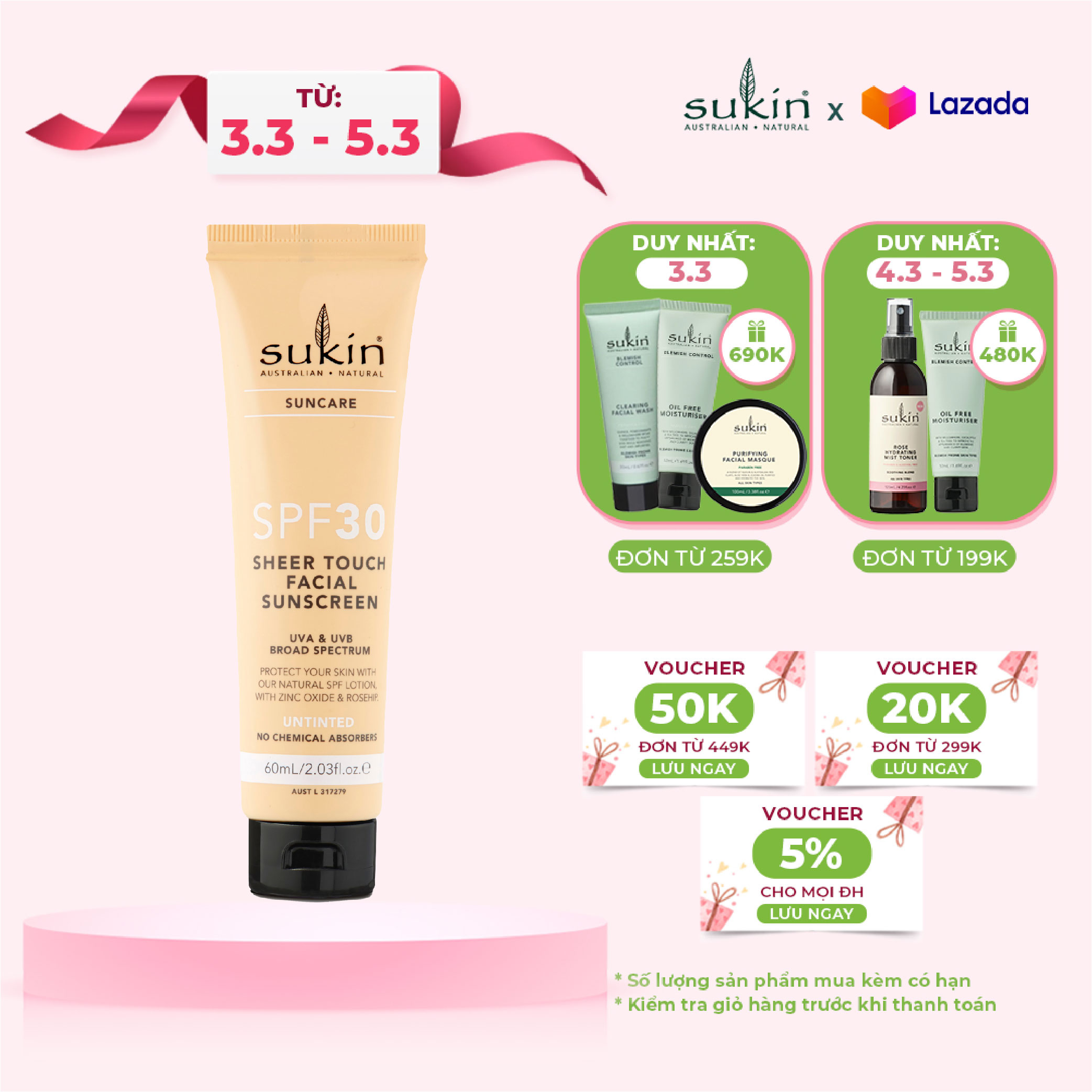 Kem Chống Nắng SPF30 Sukin Suncare SPF 30 Sheer Touch Facial Sunscreen 60ml (HSD: 05/2023)