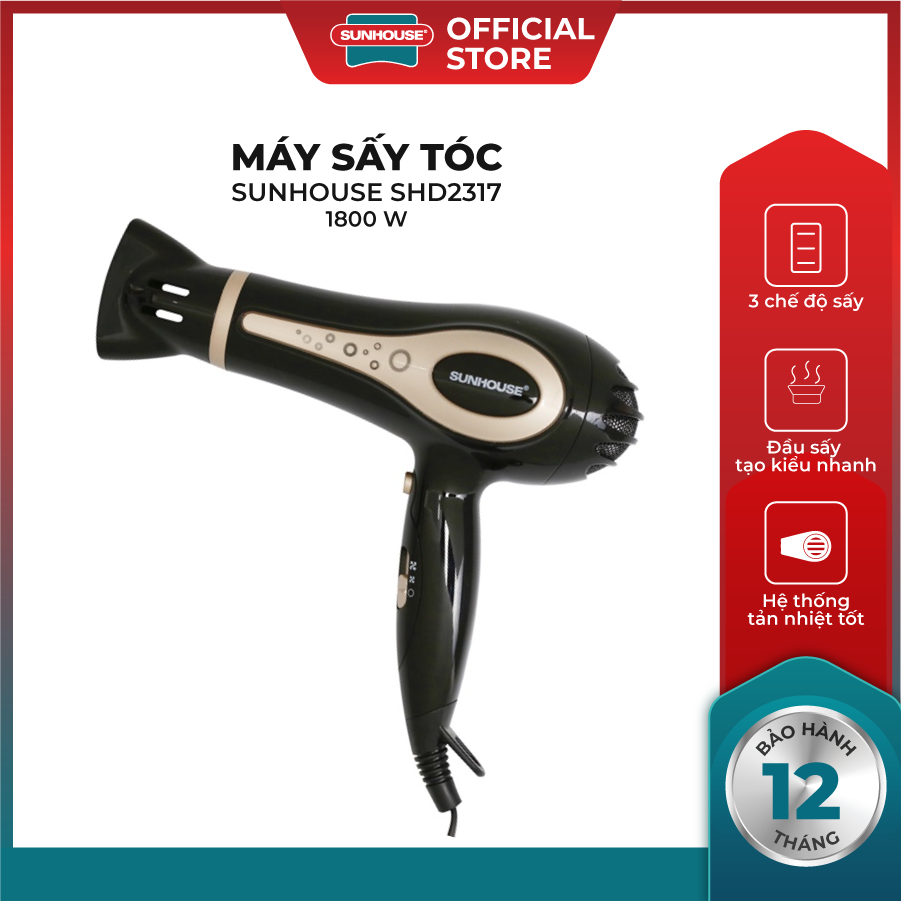 Máy Sấy Tóc SUNHOUSE SHD2317 - Công Suất 1800W - 3 Chế Độ Sấy - Đầu Sấy Hẹp - Tạo Kiểu Nhanh - Hệ Thống Tản Nhiệt Tốt - Quạt Gió Mạnh Mẽ - Hàng Chính Hãng