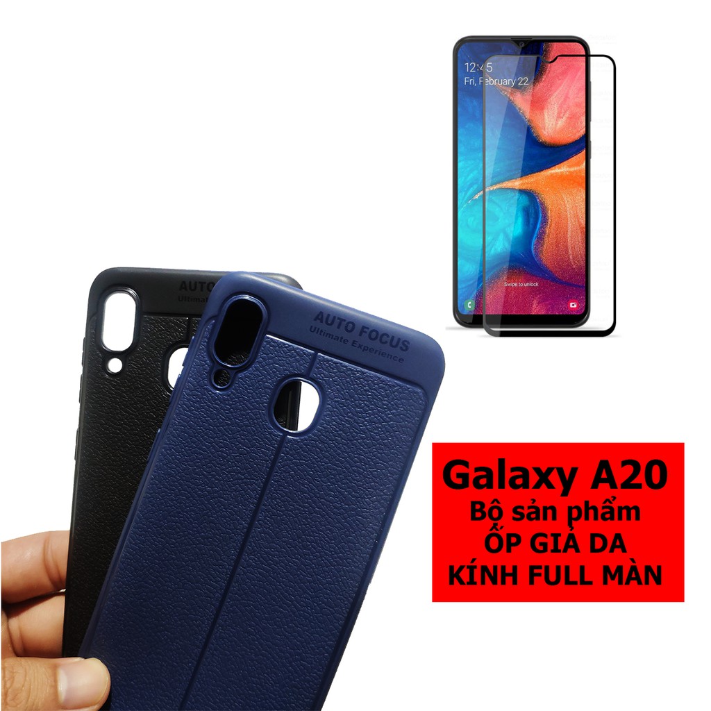 Ốp lưng giả da và kính cường lực full màn hình Galaxy A20