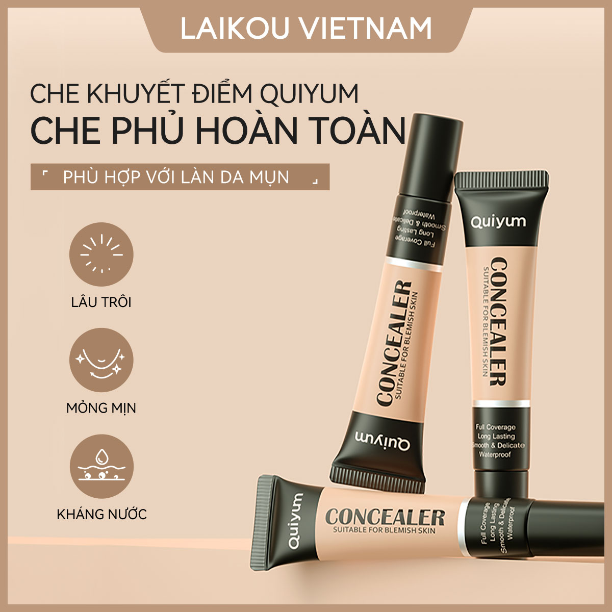 Kem che khuyết điểm QUIYUM Che phủ toàn bộ Kem nền trang điểm Kem nền lâu dài Không thấm nước 8g