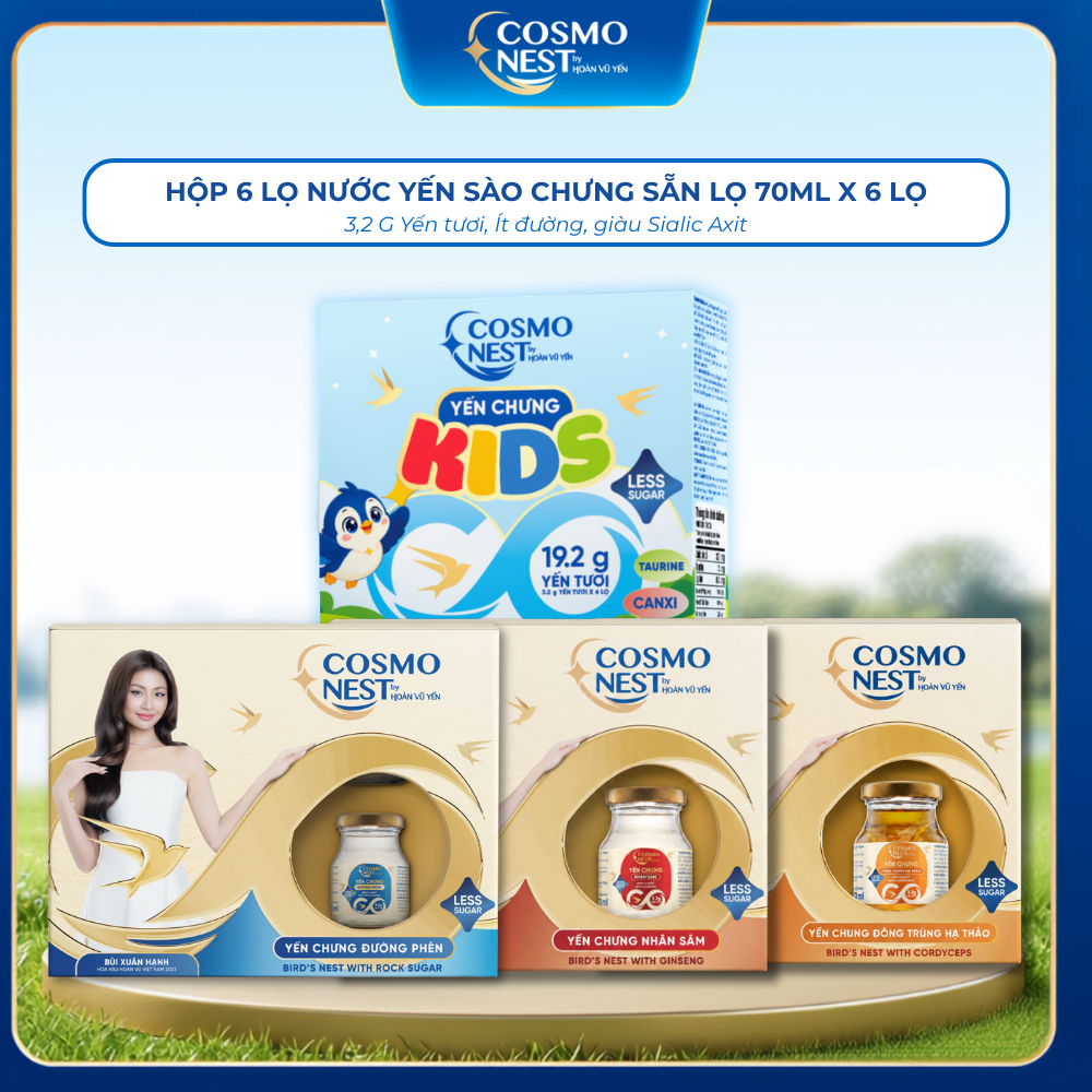 Hộp 6 Lọ Nước Yến Sào Chưng Sẵn COSMO NEST 70ml x 6 Lọ - 3.2g Yến Tươi, Ít Đường - Hoàn Vũ Yến