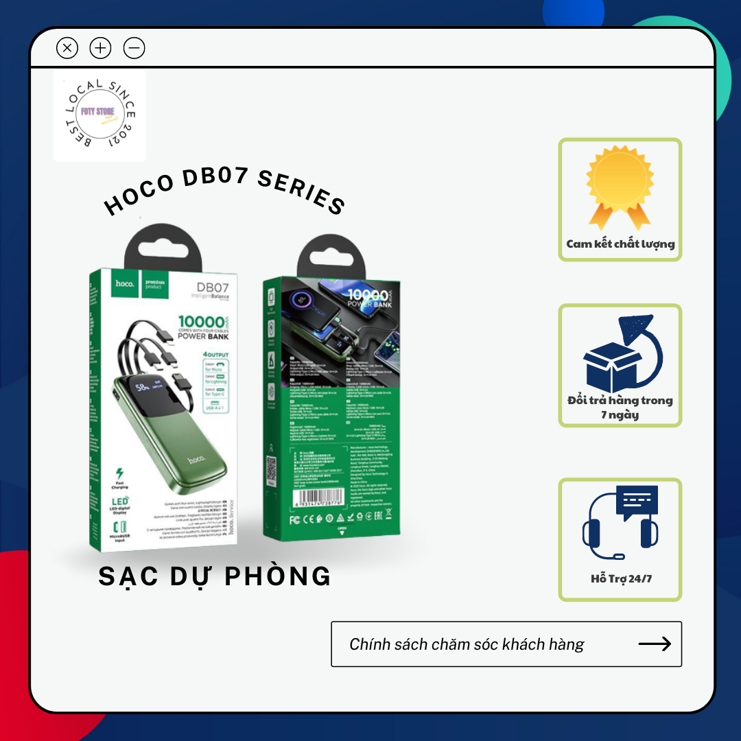 Sạc pin dự phòng hoco db07 -10.000mah tích hợp 3 loại cáp sạc micro/lightning/type-c