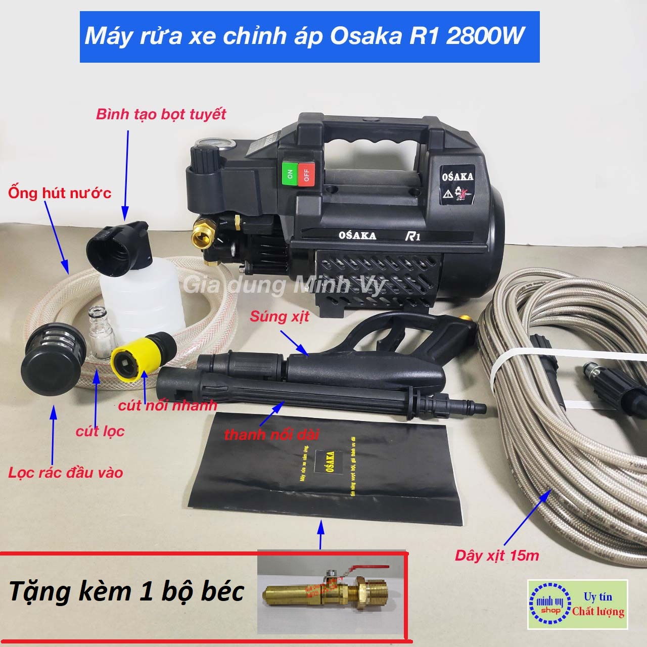 Máy xịt rửa xe chỉnh áp Osaka R1 2800W - Tặng béc xịt rửa máy lạnh điều hòa