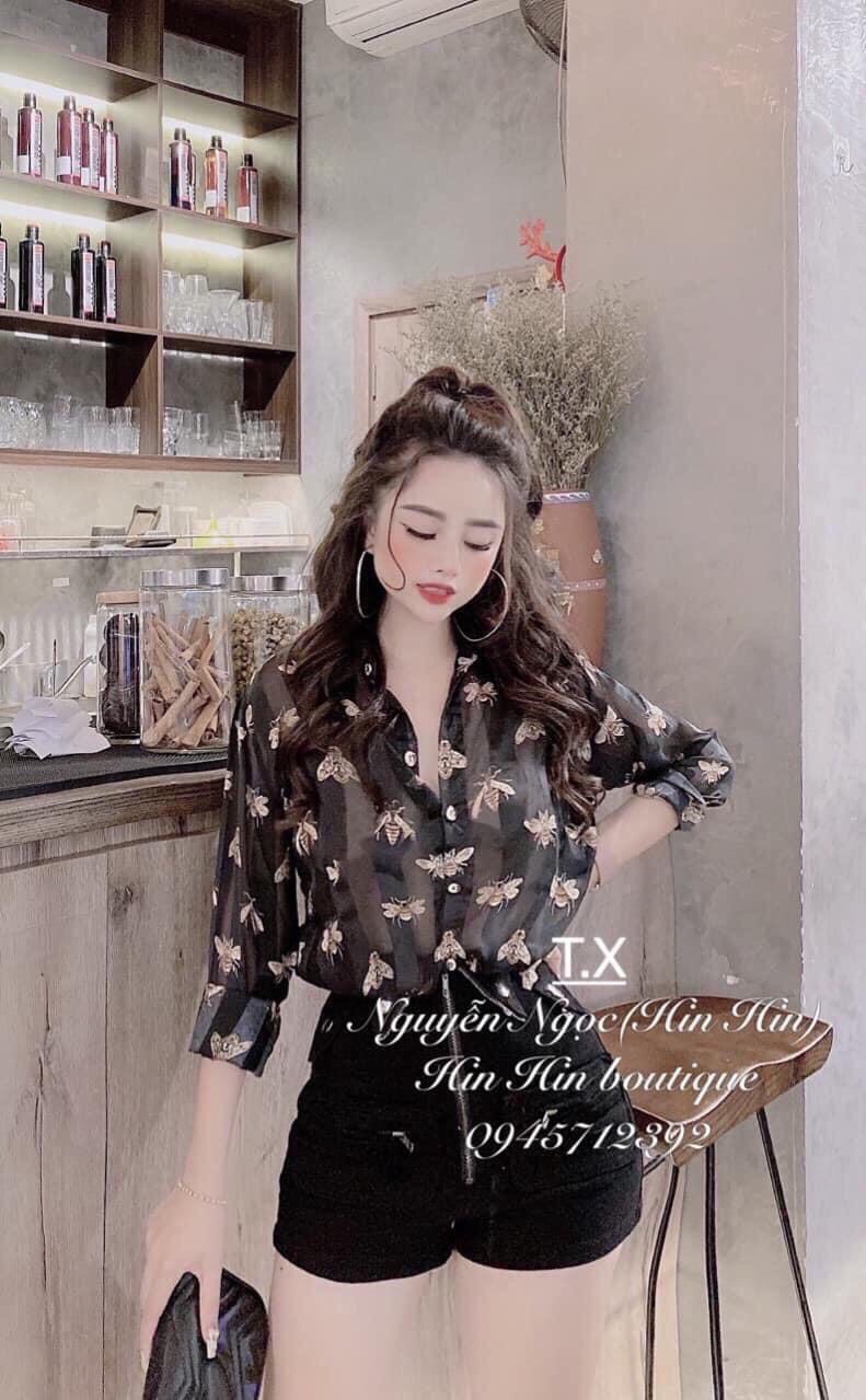 Áo sơ mi voan đen họa tiết siêu xinh m002
