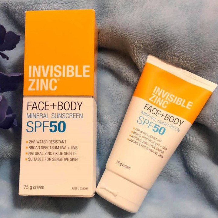 Kem chống nắng vật lý dùng được cho bà bầu Invisible Zinc SPF 50+ Face and Body 75g Úc