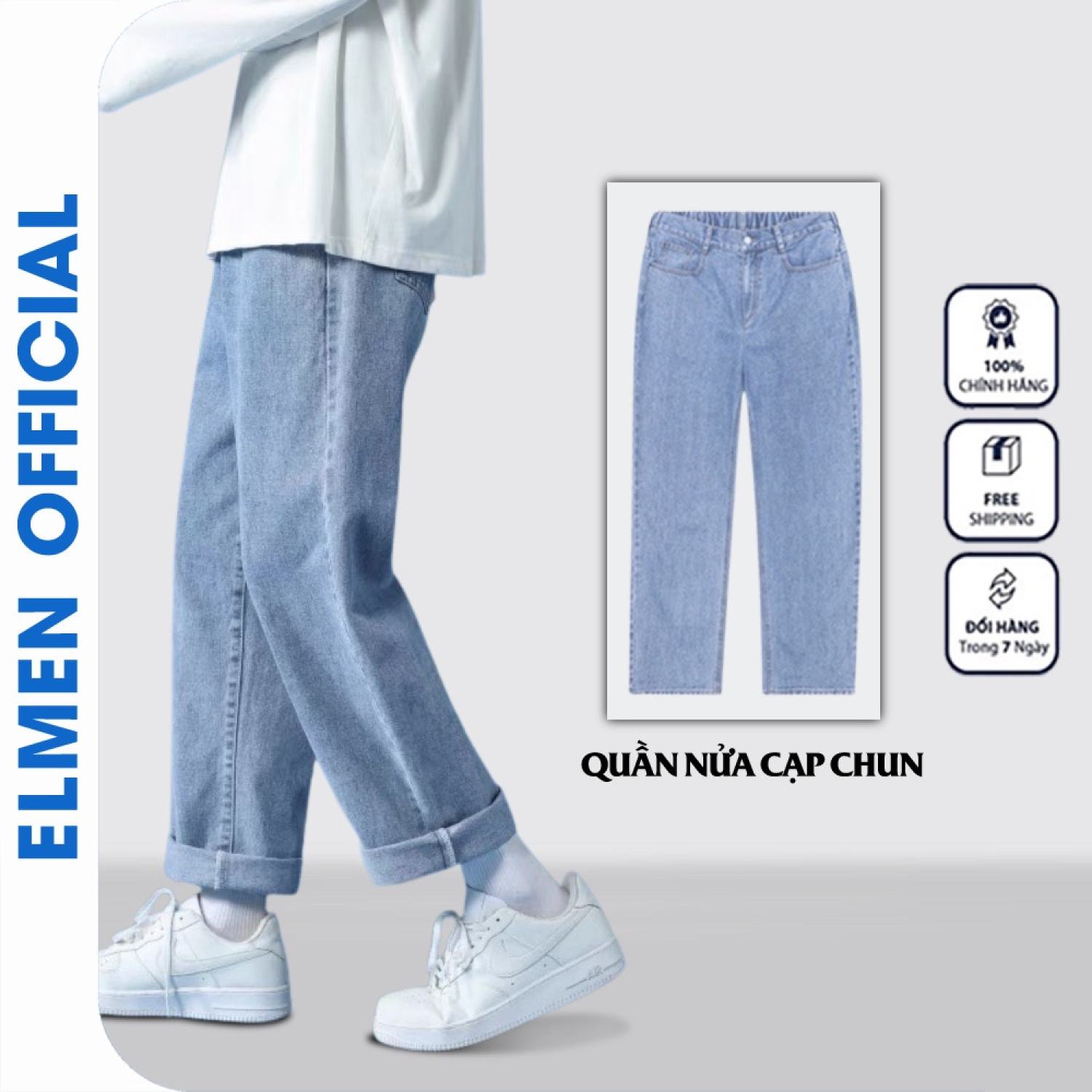 Quần jean nam xanh Logo cạp chun bigsize dáng baggy có size dành cho người ngoại