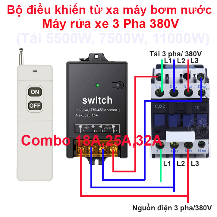 Combo bộ công tắc điều khiển từ xa 3 pha 380v 1km và khởi động từ contactor công suất 18a , 25a, 32a - cong tac dieu khien tu xa