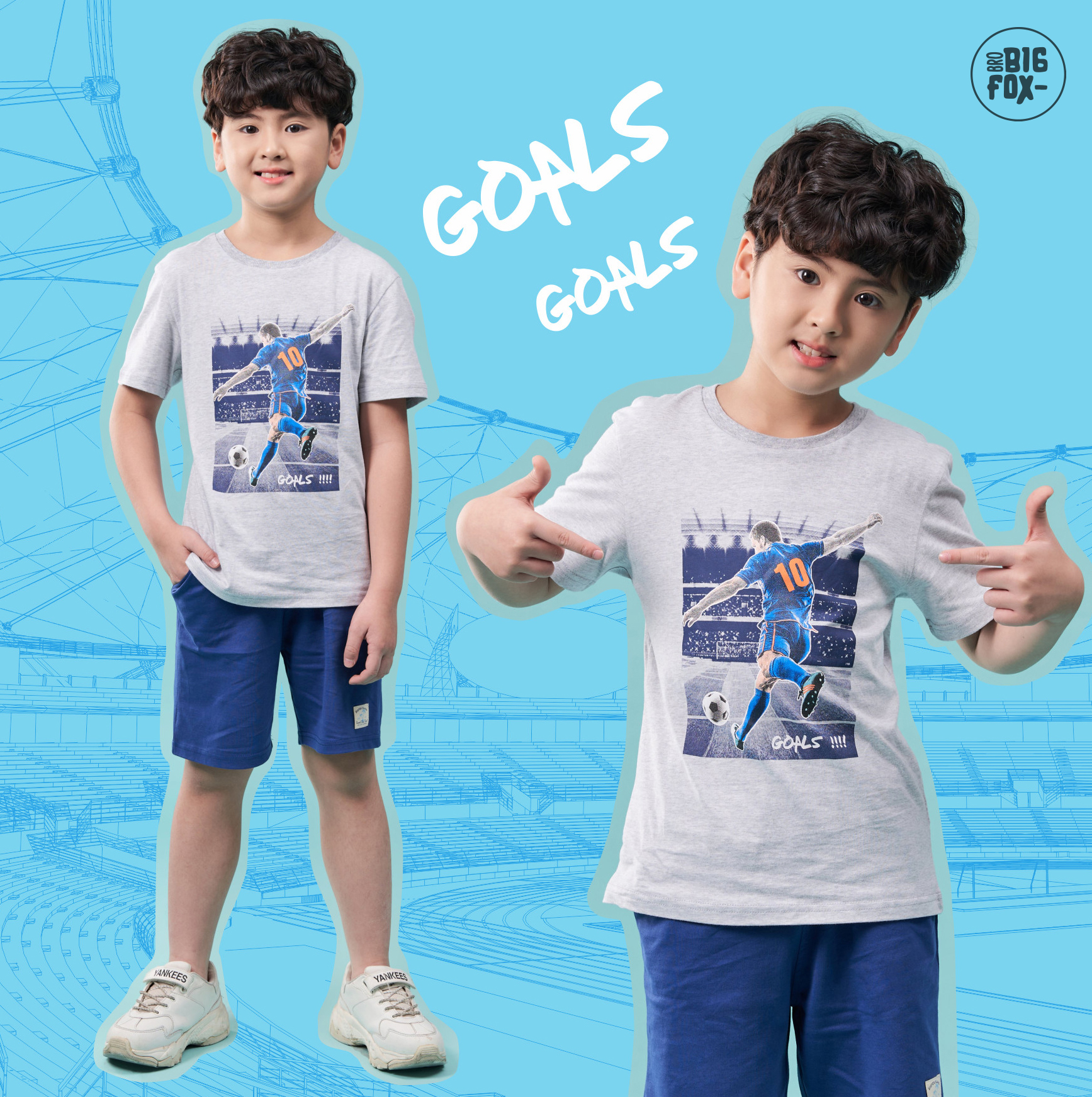 Bộ bé trai BIGFOX - MISS MEOW size đại, bộ đồ cộc tay cho bé chất cotton phong cách Âu Mỹ hình in Bóng Đá Goal 10 – 38 kg QATE