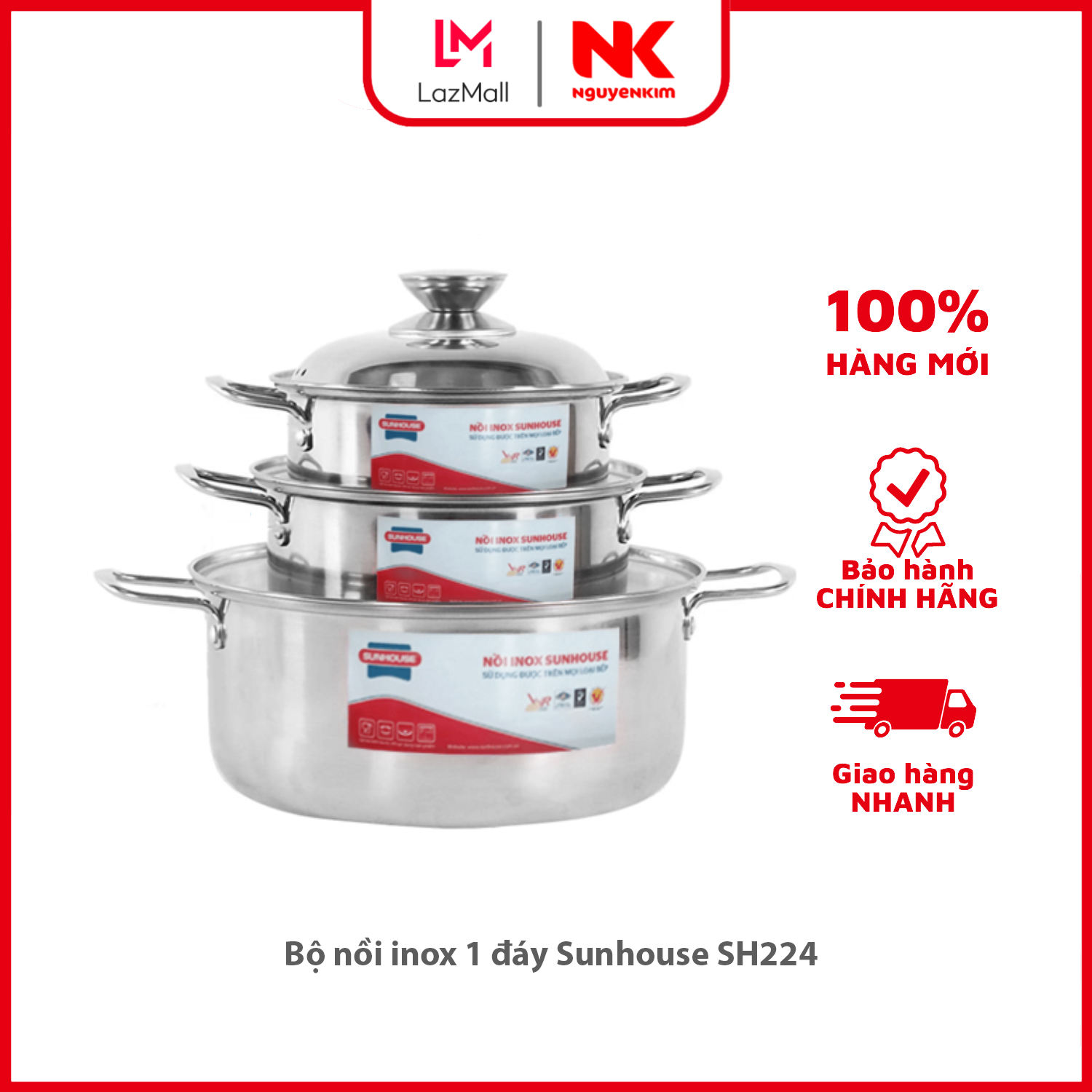 Bộ nồi inox 1 đáy sunhouse sh224