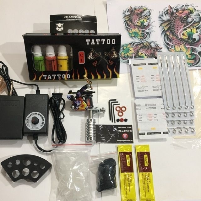 Combo bộ 1 máy xăm Học viên + Set 7 màu mực Tattoo ink + Phụ kiện