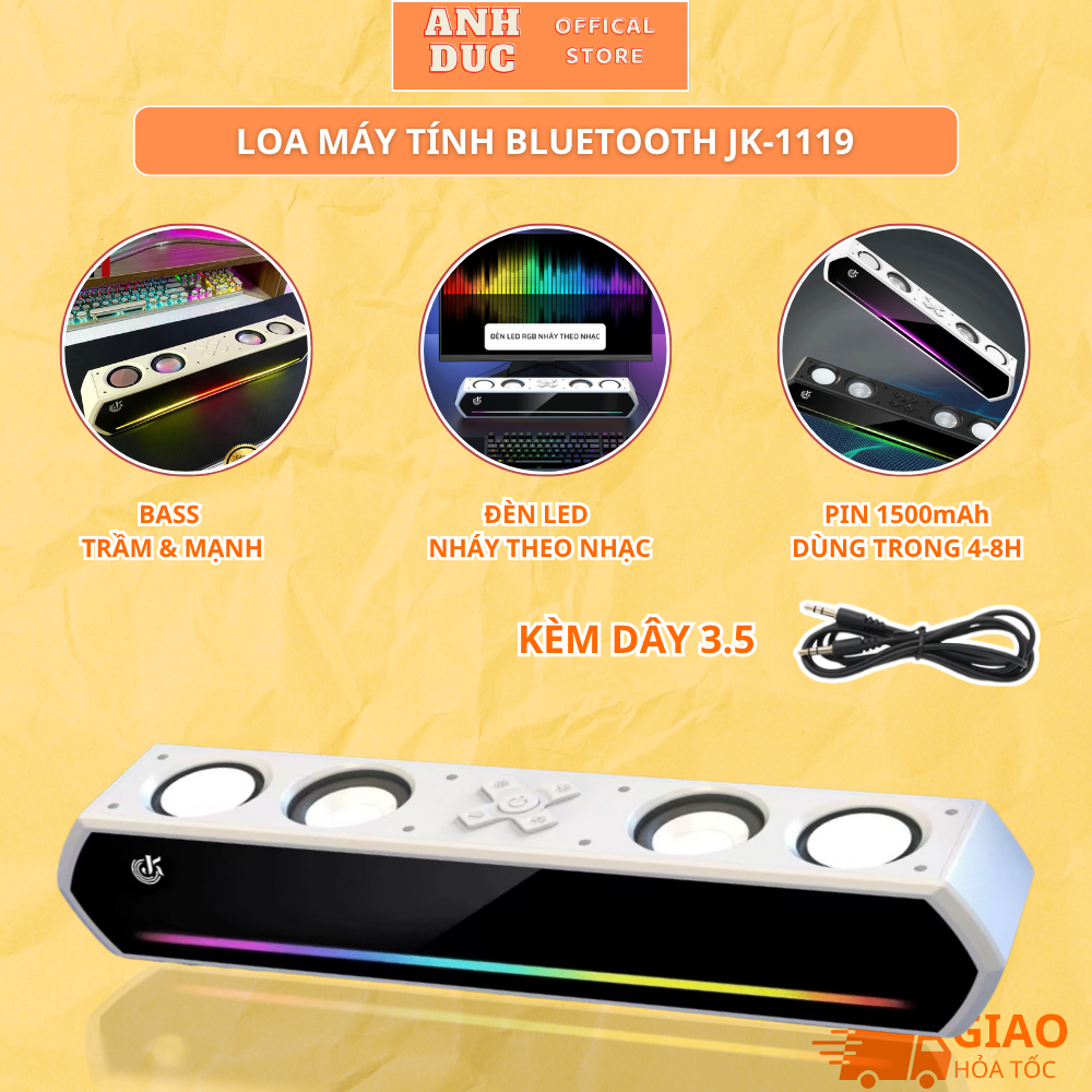 Loa Máy Tính Gaming Soundbar Bluetooth Để Bàn JK-1119, Âm Thanh Hay Bass Cực Mạnh Led RGB Nháy Theo Nhạc Pin Dùng 4-8H