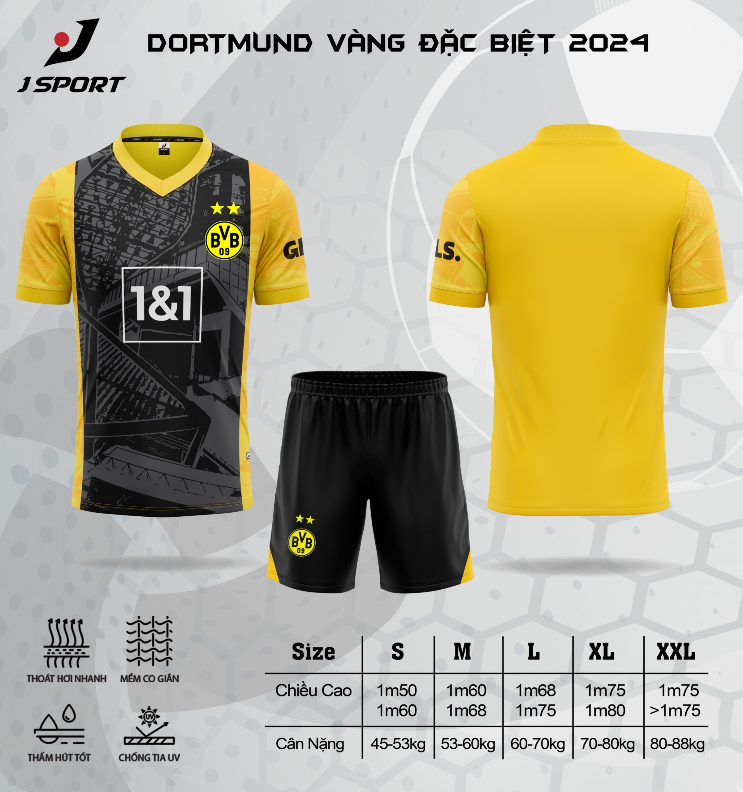 Bộ Quần Áo Bóng Đá Câu Lạc Bộ Borussia Dortmund logo thêu, chất vải thun lạnh thấm hút,thoáng mát,  không nhăn, không xù lông A15