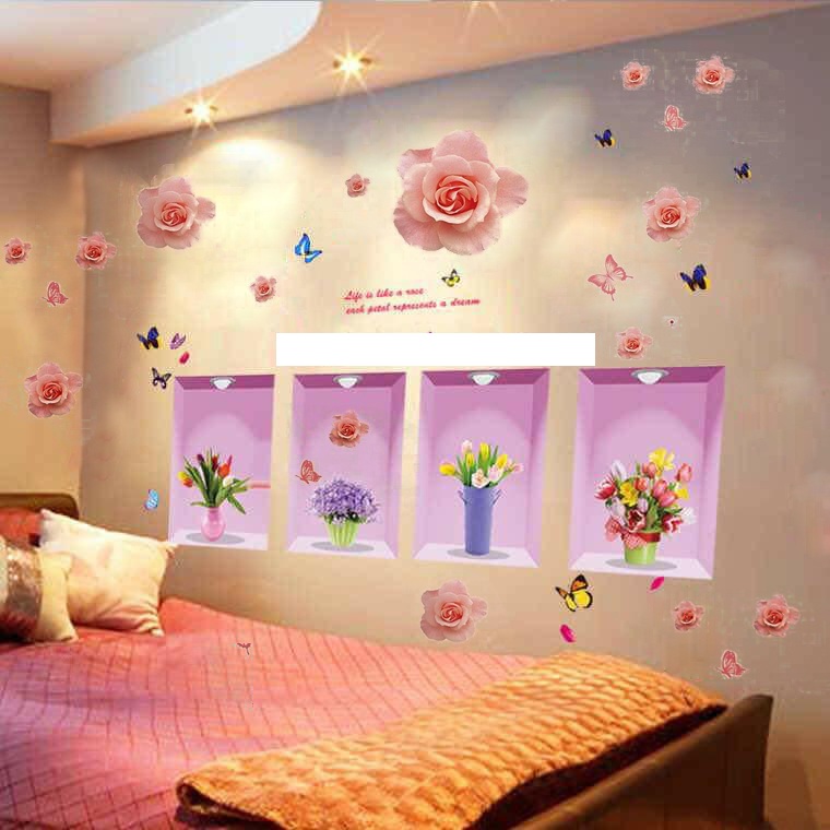 Decal dán tường tranh 4 bình hoa và hoa hồng 3d