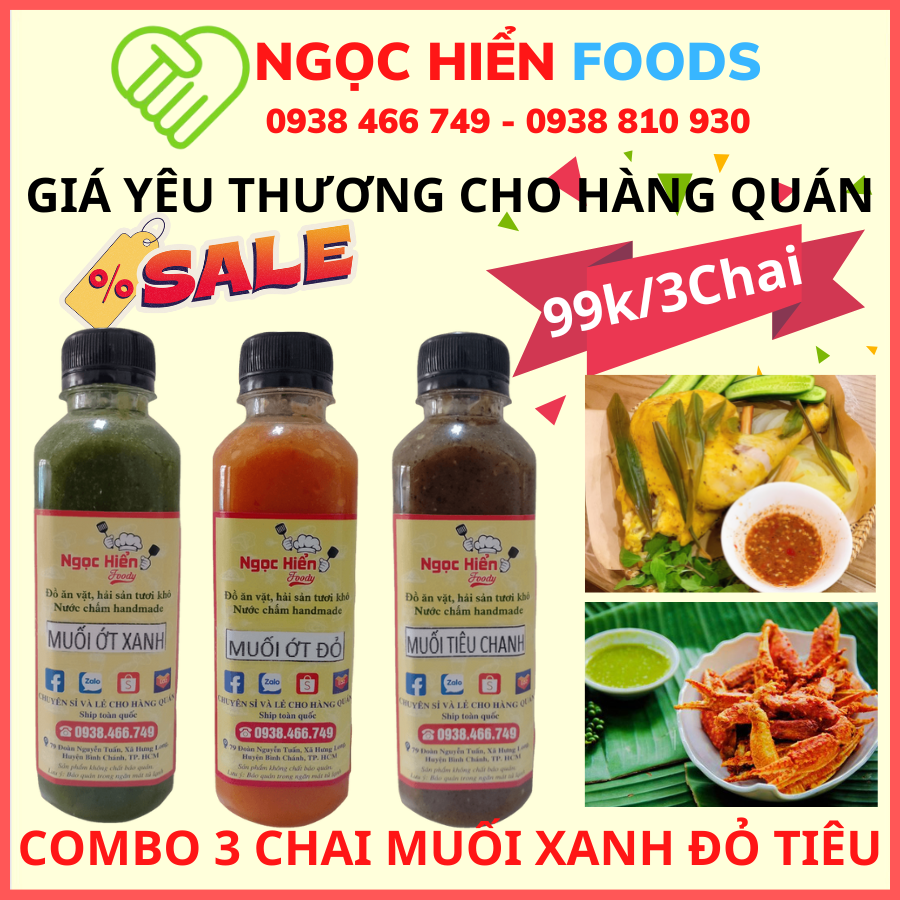 Combo 3 chai muối ớt xanh, muối ớt đỏ, muối tiêu chanh, hàng nhà làm sạch sẽ ko chất bảo quản, NGỌC HIỂN FOODY