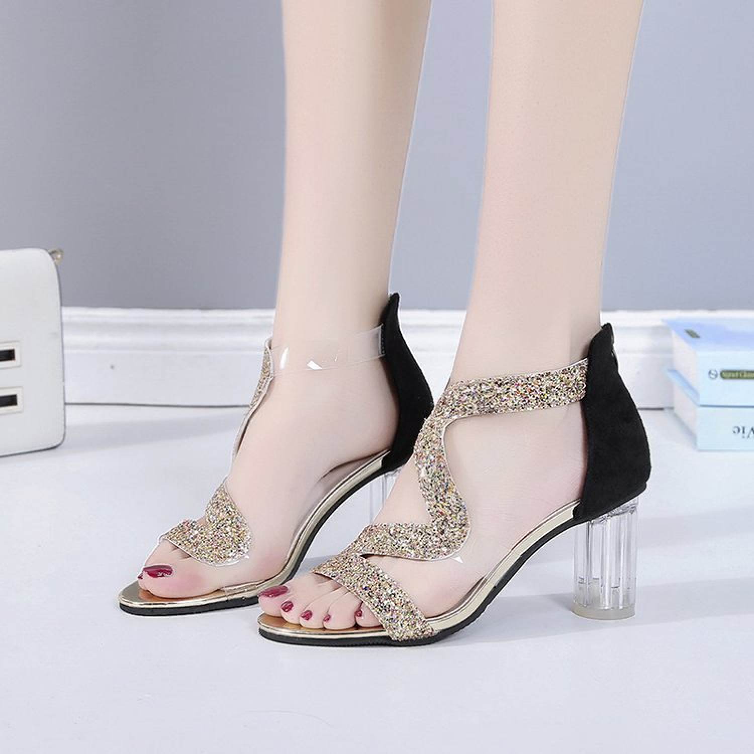 Giày cao gót kéo khóa quai trong phối quai zíc zắc gót mica trong suốt - CG349