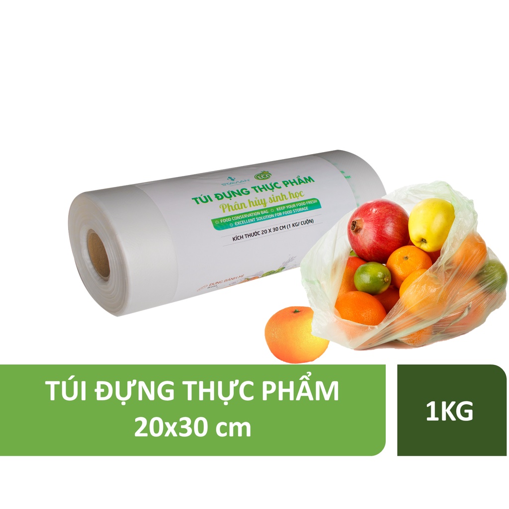 Cuộn túi đựng thực phẩm GREENECO sinh học tự hủy dùng ở siêu thị an toàn KT 20*30* 1 kg/Cuộn