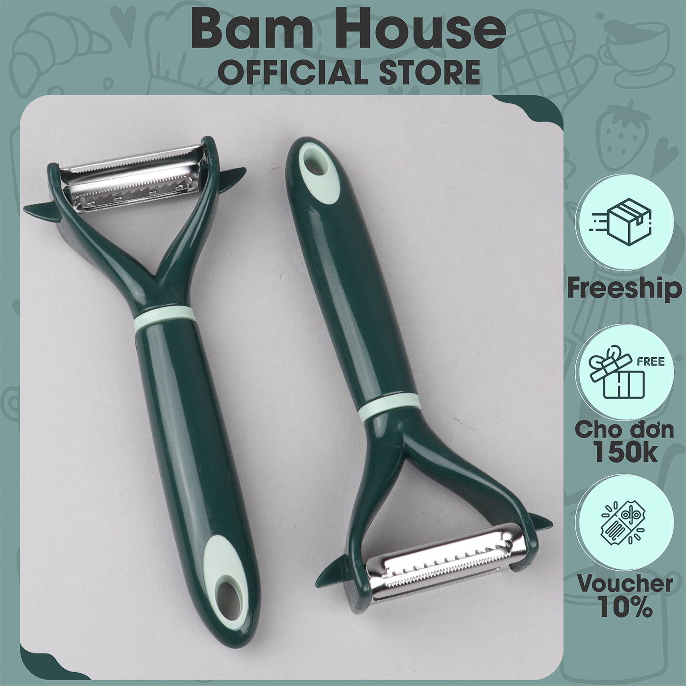Dao bào 2 lưỡi xanh rêu Bào vỏ Bào sợi Bam House lưỡi thép không gỉ cao cấp BXR04 - Bào vỏ trái cây bào sợi trái cây