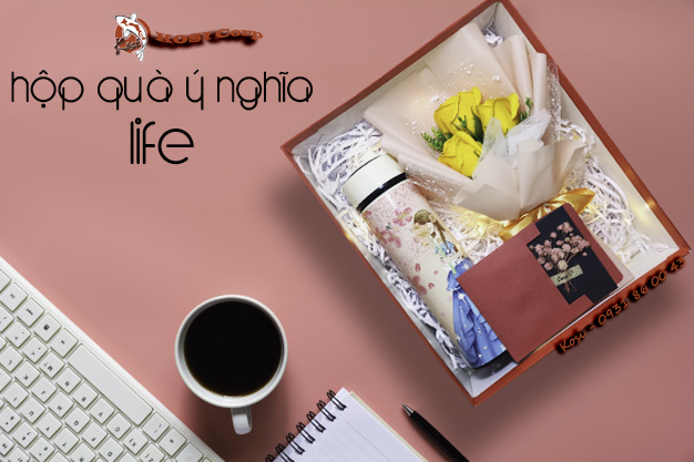 Hộp quà tặng ý nghĩa LIFE dành cho sinh nhật, lễ hội, 14/2, 8/3, 20/10, 20/11, gồm: Bình giữ nhiệt, hoa, thiệp, đèn nháy