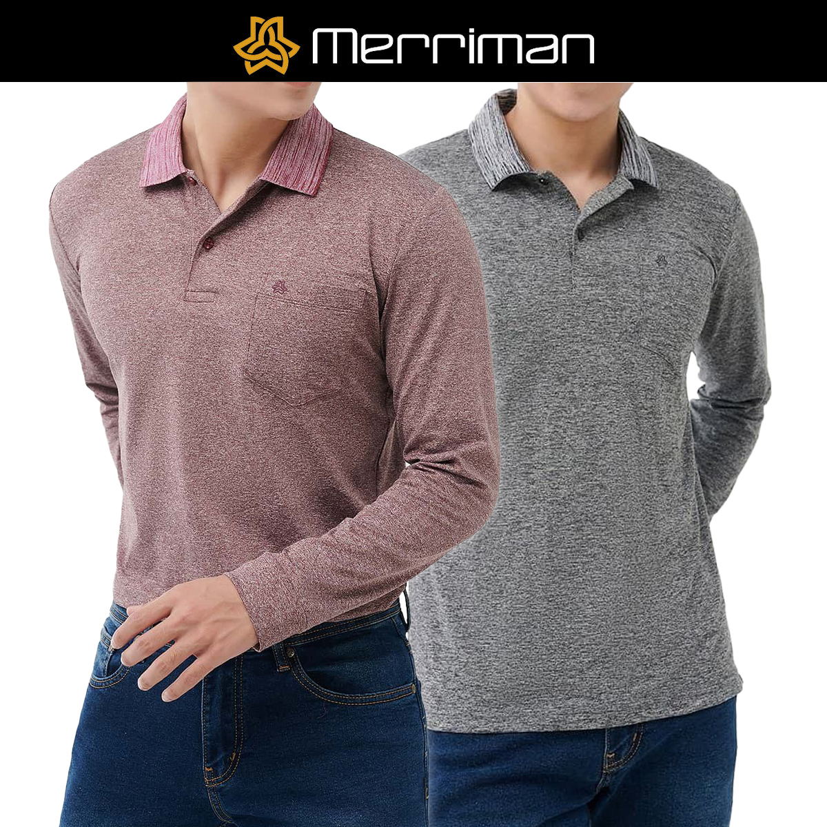 MERRIMAN SALE - Áo Polo Nam Dài Tay Có Cổ, Màu Xám, Đỏ Nhạt, Chất Thể Thao Co Giãn Thoáng Mát