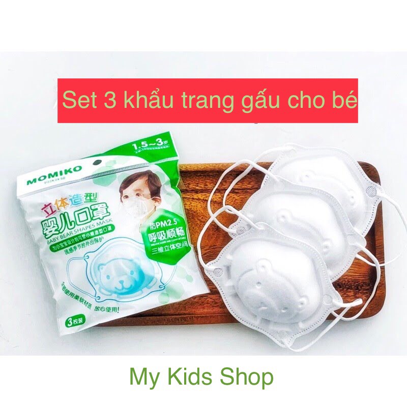 Set 3 khẩu trang gấu - khẩu trang trẻ em 3D cho bé sơ sinh đến 2 tuổi