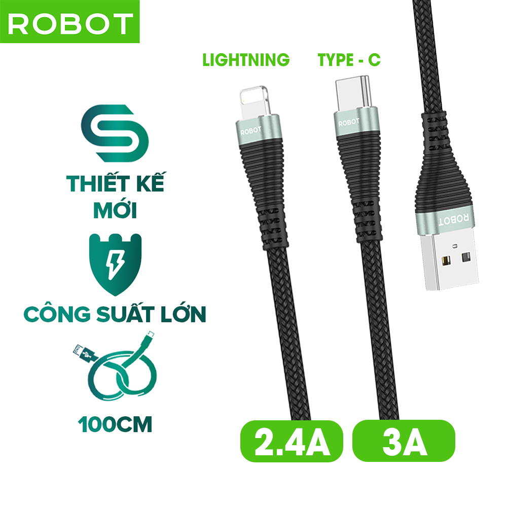 Cáp sạc lightning/ type-c robot rkl100 rkc100 2.4a 3a cáp sạc iphone ipad samsung xiaomi oppo vivo huawei - chất liệu pvc chống rối 1m