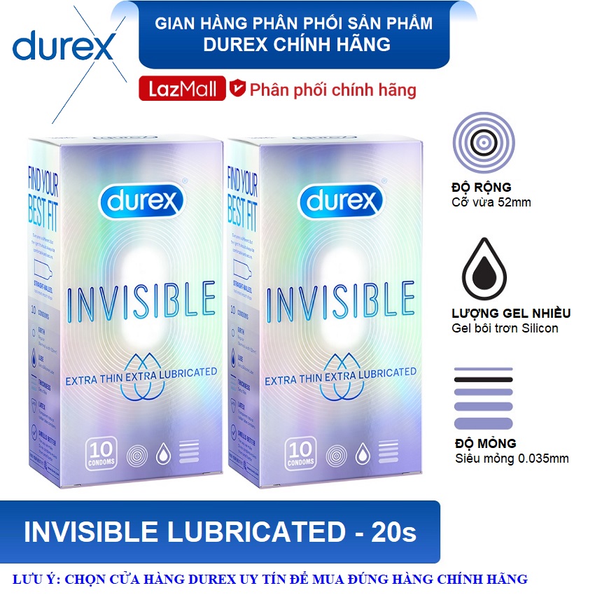Bộ 2 hộp Bao cao su Durex Invisible Lubricanted 10 bao - Siêu mỏng và nhiều bôi trơn , size 52mm cỡ vừa