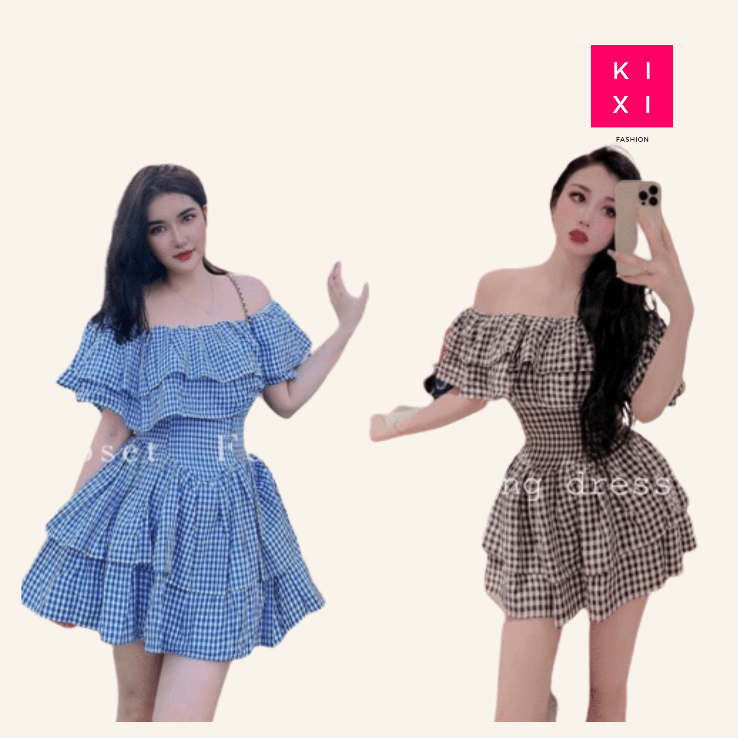 Váy kẻ trễ vai tầng xanh đen hot hit có ảnh thật kèm video