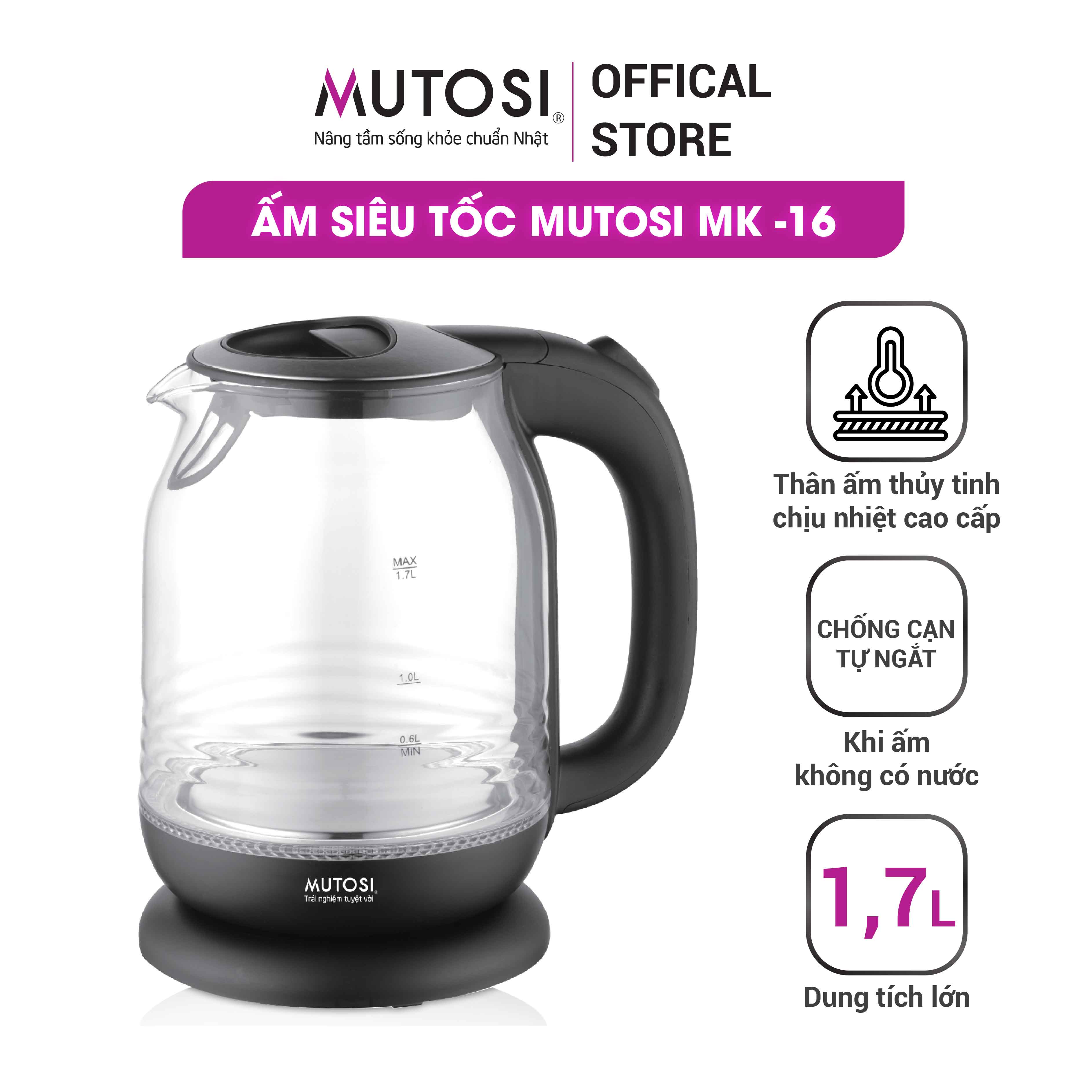 Ấm đun siêu tốc thủy tinh cao cấp 1,7l- 2200w - mutosi mk-16
