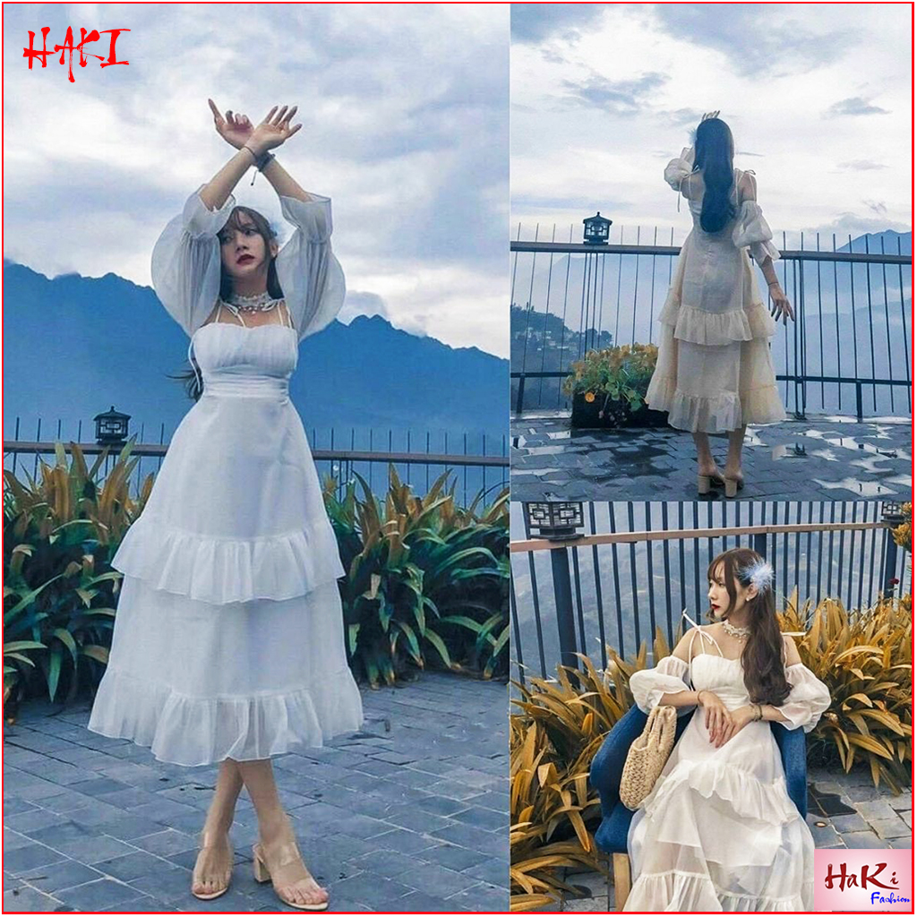 [HCM]Đầm váy nữ maxi trắng đi biển dự tiệc tiểu thư trễ vai HAKI thiết kế  xòe tầng xinh đẹp MSP092