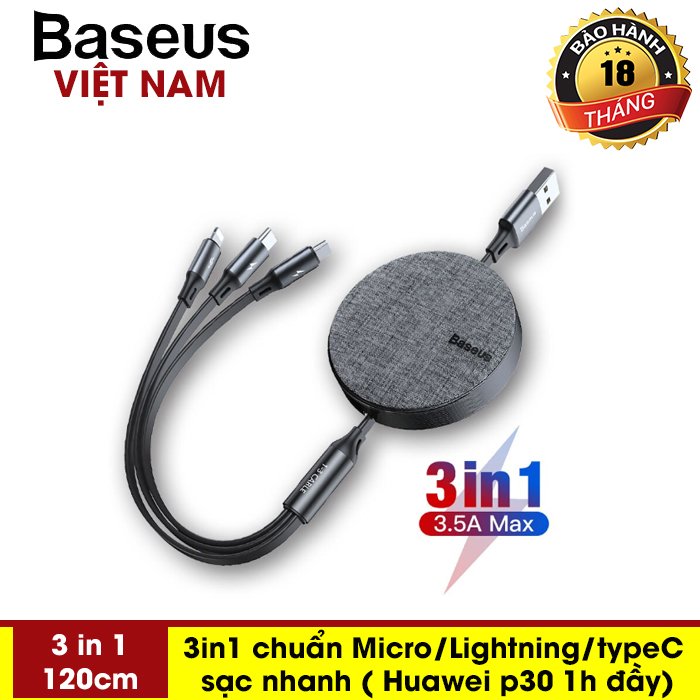 Cáp sạc dây rút Baseus 3 trong 1 Có Thể Thu Vào Cáp chuẩn Micro USB Type C Lightning Cho iPhone Xs Max Xr X Samsung Xiaomi - Phân phối bởi Baseus Vietnam