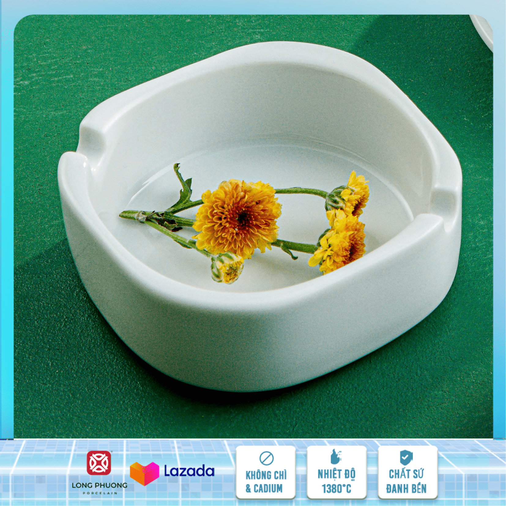 Gạt tàn vuông, Gạt tàn tam giác - Gạt tàn thuốc cao cấp sứ trắng  Long Phương 2 size