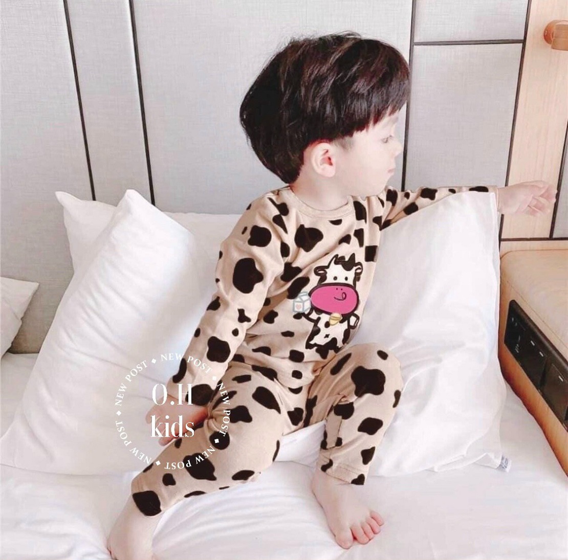 Bộ quần áo hình bò sữa trẻ em chất cotton co giãn 4 chiều cho bé trai bé gái 8-20kg