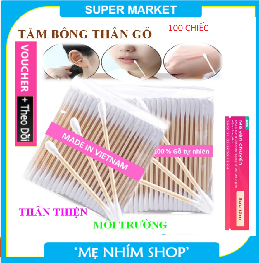 Tăm B&ocirc;ng Gỗ 100 C&acirc;y B&ocirc;ng g&ograve;n mềm mại kh&aacute;ng khuẩn an to&agrave;n th&acirc;n thiện m&ocirc;i trường - H&agrave;ng Việt Nam xuất khẩu
