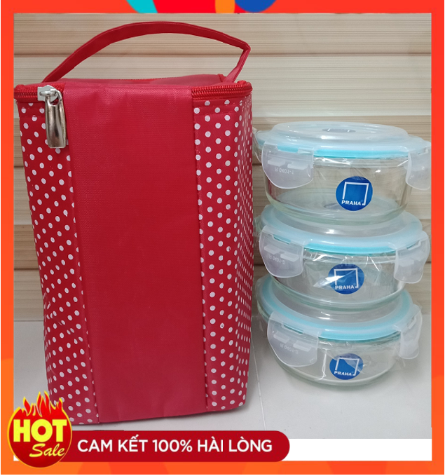 Bộ 3 hộp thủy tinh đựng cơm 400ml Praha tặng kèm túi giữ nhiệt - Hộp đựng cơm lock&lock