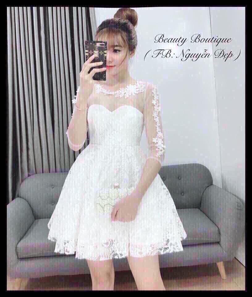 Đầm xòe ren kết bông xinh xắn