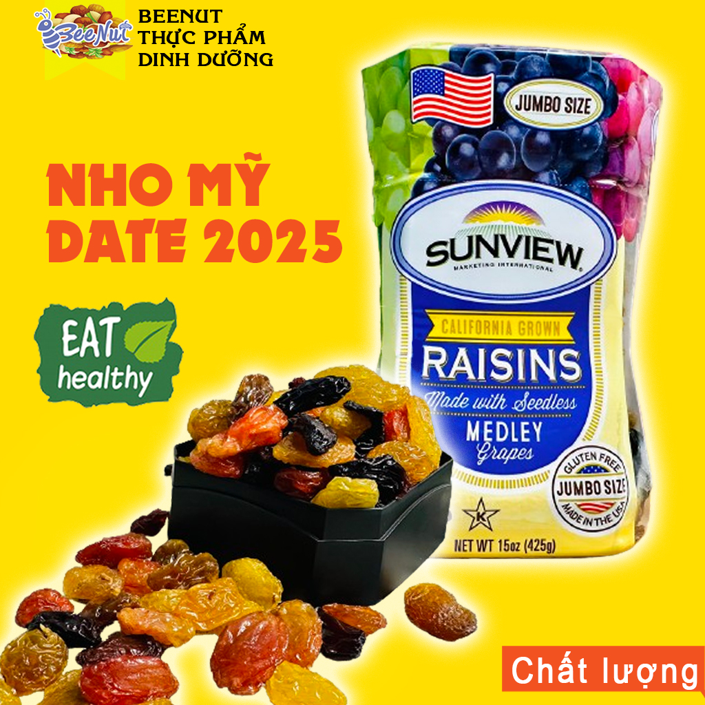 Nho sấy khô Mỹ - Date 05/2025, nho khô 3 màu Sunview Raisins Trái cấy sấy khô BeeNut