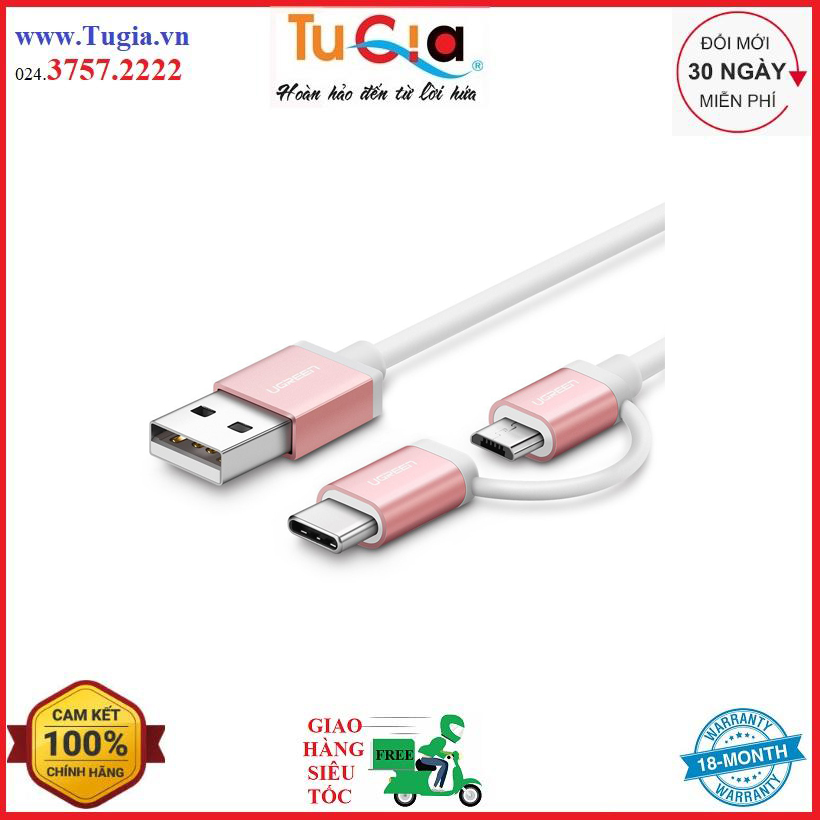 Cáp sạc điện thoại 2 trong 1 micro usb và type c ugreen 30542 0.5m - hàng chính hãng