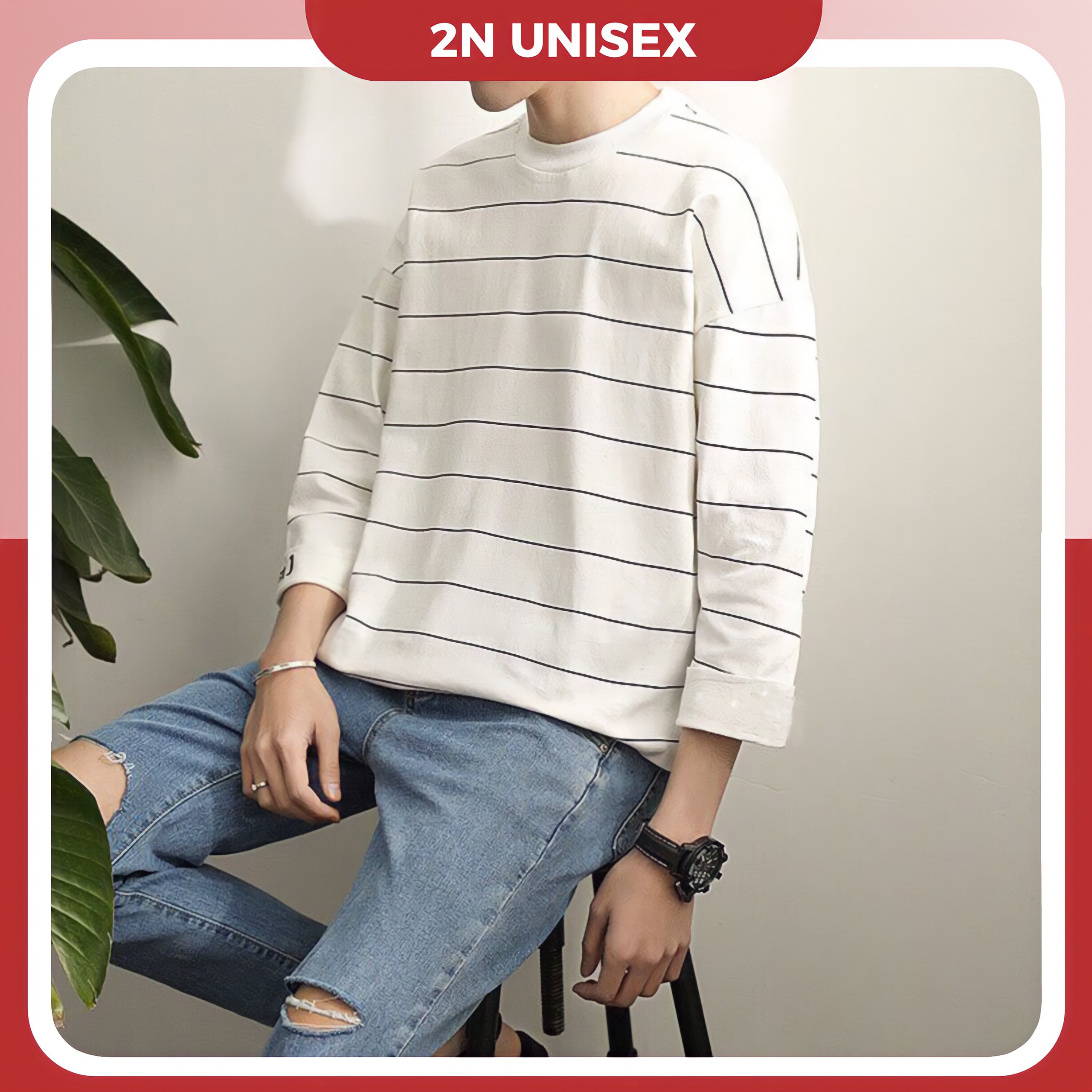 Áo thun tay dài nam nữ form rộng 2N Unisex phông cotton sọc lost xẻ tà màu đen/be