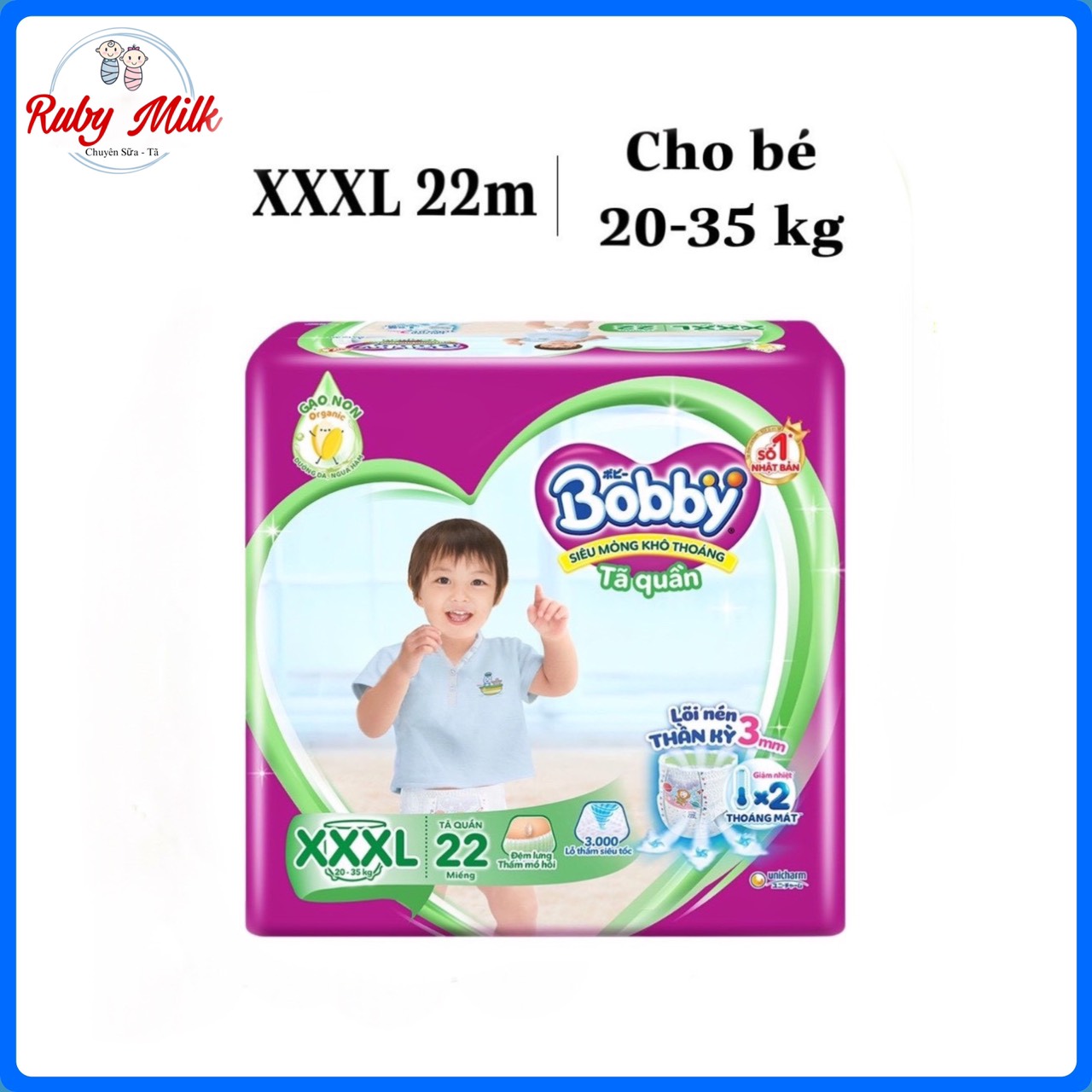 Bỉm tã quần Bobby size XXXL 22 miếng Cho bé 20-35kg