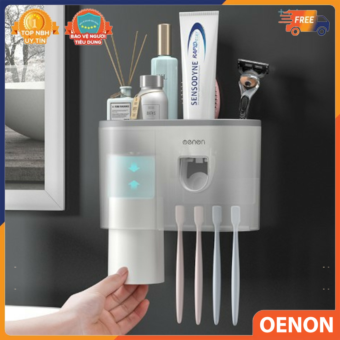 Kệ Để Đồ Nhà Tắm Thông Minh OENON, Giá Đựng Bàn Chải, Kem Đánh Răng- Kèm Cốc Hút Từ Tính Có Nhả Kem Đánh Răng Tự Động, Lắp Đặt Dính Tường - Bảo Hành 1 Đổi 1