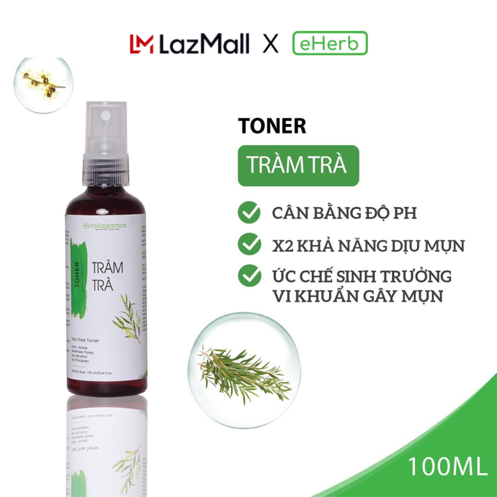 Toner tràm trà giảm viêm & cân bằng độ ph phù hợp milaganics, toner dành cho da dầu mụn 100ml - eherb
