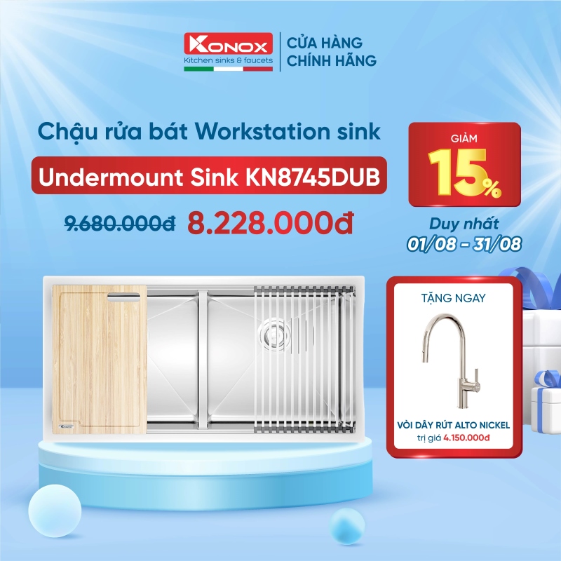 Chậu rửa bát inox 2 hố lắp âm konox kn8745dub