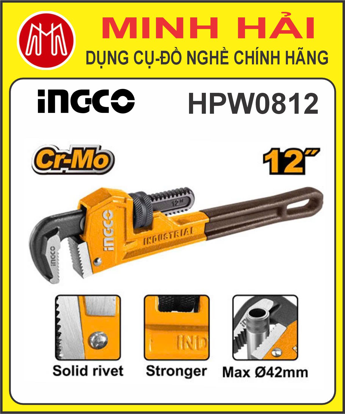 Mỏ lết răng cỡ 300mm (12") INGCO (HPW0812). Chất liệu: Thép carbon chất lượng cao