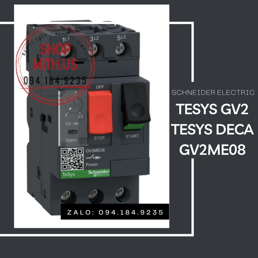 Cầu dao bảo vệ động cơ schneider gv2me08 - cb bảo vệ động cơ 3 cực schneider - gv2me08 schneider 2.5-4a - 3p - 690v