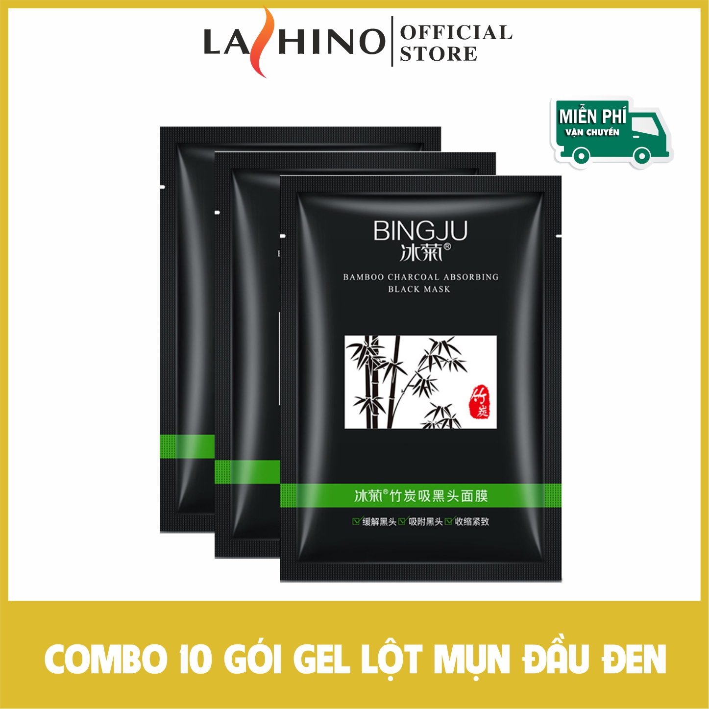 [Combo 10]Gel lột mụn đầu đen than tre lột mụn cám Bingju gói 5ml Lashino tinh chất nha đam, than hoạt tính